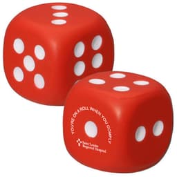 A red dice-shaped stress reliever with white dots, featuring a logo on one side.