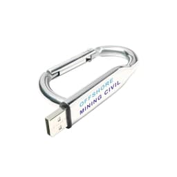 A silver carabiner-shaped USB flash drive featuring a logo and engraved text.
