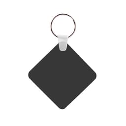 A square, black keyring with a metal ring for attachment. The keyring has a smooth surface and a white clip.