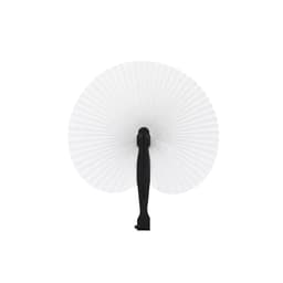 A peach-shaped plastic paper fan with a black handle, featuring a pleated design in white.