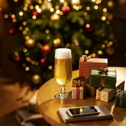 A goblet glass filled with golden beer sits on a table decorated with wrapped presents and a festive, blurred Christmas tree.
