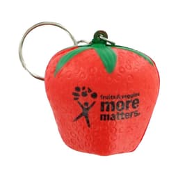 A red strawberry-shaped stress reliever attached to a metal keyring with a logo.