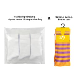Woven work socks featuring a towel bottom, displayed in a biodegradable bag with an optional custom header card. Orange and purple colours.
