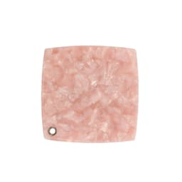 A square acetate vanity mirror in a soft pink, featuring a textured, marbled finish and a small hole for hanging.