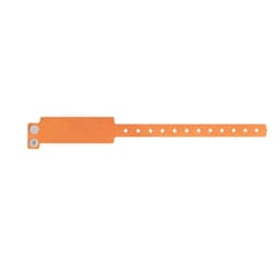An orange disposable PVC wristband with multiple holes for adjustability, featuring a logo.
