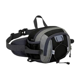 A drink bottle holder integrated into a black and grey waist bag, featuring various pockets and an adjustable strap.