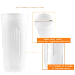 A drink bottle in transparent plastic with a wide mouth design, featuring measurement markings for accurate mixing.