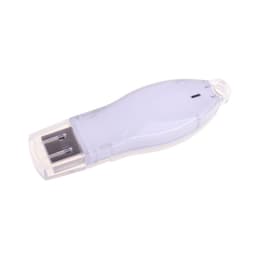 A light purple flash drive with a translucent case, featuring a built-in USB connector and a branding logo.