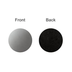 A round metal coaster featuring a shiny silver front and a black textured back, with a branding logo.