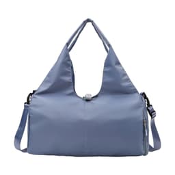 A blue duffle bag with a yoga mat strap, featuring two carrying handles and a detachable shoulder strap.