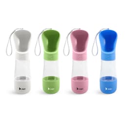 A drink bottle available in grey, green, pink, and blue, featuring a food container and a logo on the side.