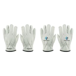 Leather work gloves in light grey with a logo, featuring a fitted wrist design and four-finger style.