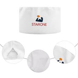 A white chef skull cap featuring a logo, showcasing detail and texture in close-up views.