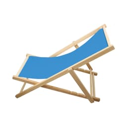 A beach chair with a light wood beech frame and a blue fabric seat. It features a simple, foldable design.
