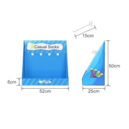 A blue corrugated cardboard display stand with hooks for casual socks, featuring a slanted design and various colours.