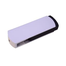 A white and black flash drive with a sleek design, featuring a logo on one side.