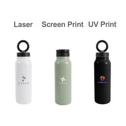 A drink bottle in white, green, and black, featuring a logo on each. Each bottle has a magnetic phone holder.