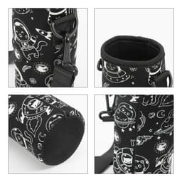 A drink bottle carrier in black with a fun space-themed design featuring cats and UFOs. It includes a strap and has a logo.