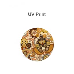A round ceramic coaster featuring a vibrant design in orange, yellow, and brown tones, with intricate floral patterns.