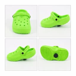 Bright green clog shoe-shaped charms displayed from multiple angles, including top, sides, and bottom views.