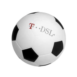 A 98mm football-shaped stress reliever in black and white with a logo on it.