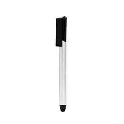 A silver and black stylus USB pen featuring a sleek design and a logo on the barrel.