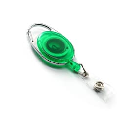 A green retractable oval card holder with a metal clip and a clear plastic strap for attaching cards.