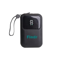 A black portable power bank with a digital display, featuring a logo and a carrying strap.