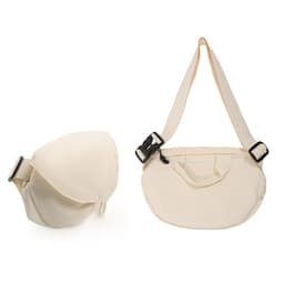 A beige casual crossbody bag with a flap and adjustable strap, featuring a logo on the front.