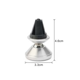 A rotatable clip-on car phone holder in silver and black, featuring a cone-shaped design with measurement indications.