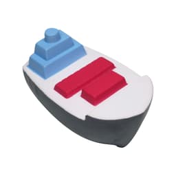 A container ship-shaped stress reliever in blue, red, and white, with a black base and a simple design.