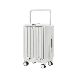 A white hardside suitcase with a textured design and four wheels, featuring a retractable handle and a logo.