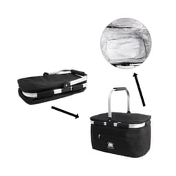 A black picnic cooler basket with a silver handle, featuring an insulated interior and a zippered outer pocket.
