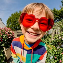 Heart-shaped glasses in vibrant red worn by a smiling child, surrounded by flowers and greenery.