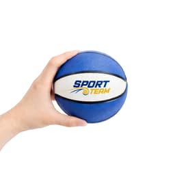 A blue mini basketball held in a hand, featuring a white stripe and a logo.