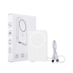 A white 10,000mAh magnetic wireless power bank with a USB charging cable, accompanied by a box featuring a logo.