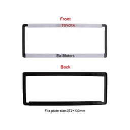 A plastic licence plate frame in white and black, featuring a logo and text on the front and a plain back.