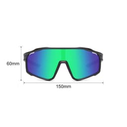Sport glasses with a black frame and green mirrored lenses, featuring an emblem on the side. Measurements included.
