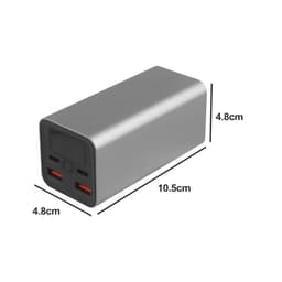 A grey power bank with two USB ports and measurement specifications shown on the side. It has a logo on the front.