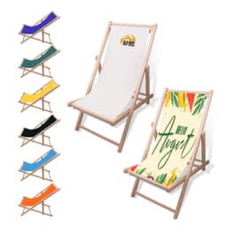 A beech frame beach chair in various colours, featuring a white and a patterned fabric seat. Both chairs have branding.