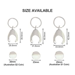 A teardrop-shaped trolley coin keyring in silver, available in three sizes, with a metal keyring attached.