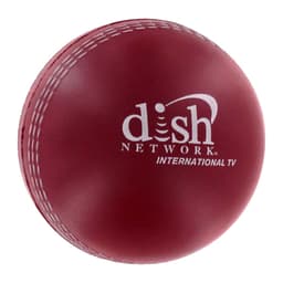 A maroon cricket ball-shaped stress reliever with a white logo and stitching details.