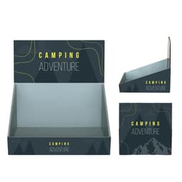 A corrugated cardboard counter display in dark green with a geometric design, featuring the words "Camping Adventure".