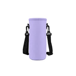 A drink bottle carrier in light purple with adjustable black straps, featuring a logo on the side.