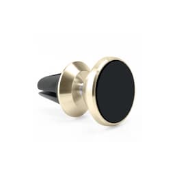 A rotatable clip-on car phone holder in gold and black, designed for air vent attachment. Features a smooth, circular surface and a branding logo.
