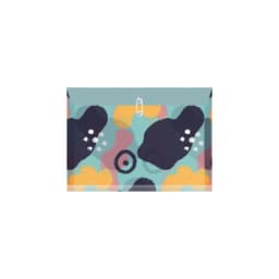 A rope-fastened folder featuring a colourful abstract pattern with shades of blue, yellow, and dark grey.