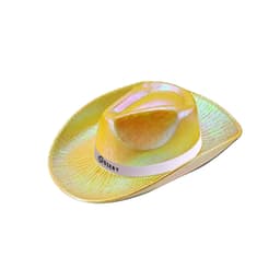 An iridescent cowboy hat in shades of yellow with a white band and a logo.
