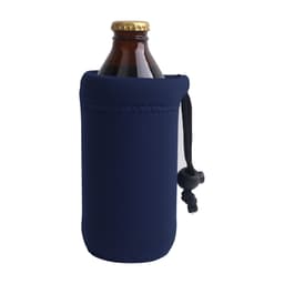 A drink bottle holder in navy blue, featuring a pull cord and a snug fit around a beverage bottle.