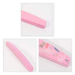 A pink sponge half moon shape nail file with a smooth surface and colourful design on one side.