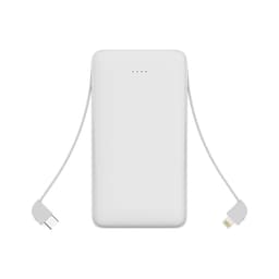 A white 10000mAh slim power bank with an attached charging cable in grey. It features indicator lights on the front.